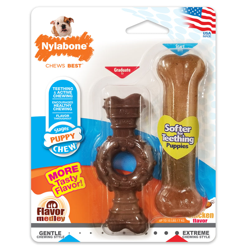 Nylabone Just for Puppies Teething Chew Ring Bone & Toy Ring Bone Twin Pack Flavor Medley & Chicken Flavor X-Small up to 15 lbs.