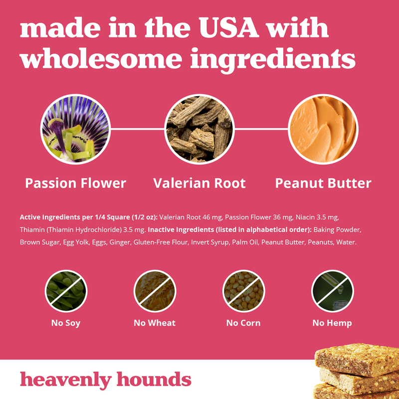 made in the USA with wholesome ingredients: passion flower, valerian root, peanut butter