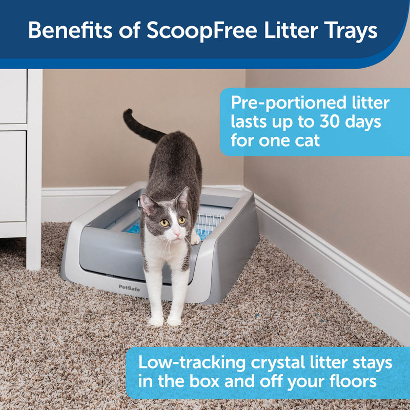 benefits of scoop free litter trays.  Pre-portioned litter lasts up to 30 days for one cat.  low-tracking crystal litter stays in the box and off your floors