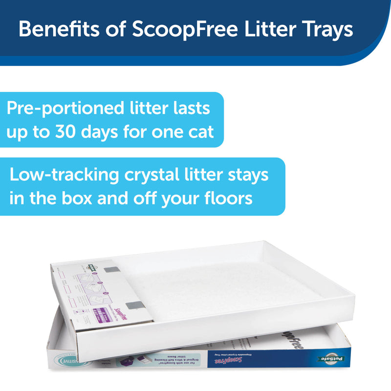 benefits of ScoopFree litter trays: pre-portioned litter lasts up to 30 days for one cat. low-tracking crystal litter stays in the box and off your floors