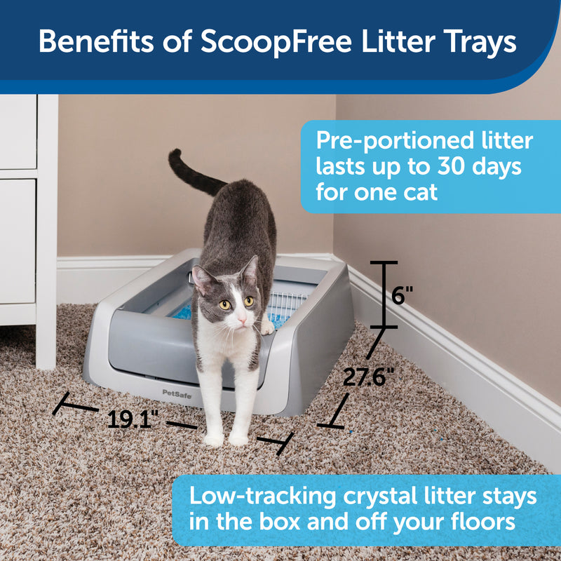 Benefits of ScoopFree Litter Trays.  Pre-portioned litter lasts up to 30 days for one cat.  Low-tracking crystal litter stays in the box and off your floors.