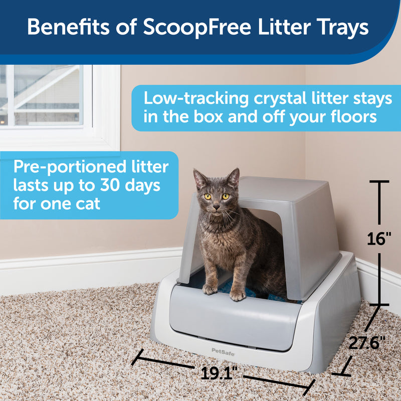 Benefits of ScoopFree Litter Trays.  Low tracking crystal litter stays in the box and off your floors.  Pre-portioned litter lasts up to 30 days for one cat