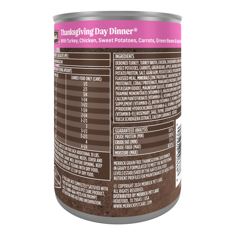 Merrick Grain Free Wet Dog Food, Premium Gluten Free Canned Adult Dog Food, Thanksgiving Day Dinner