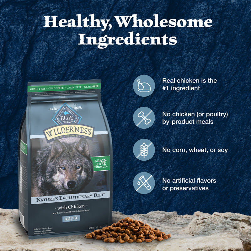 Blue Buffalo Wilderness Adult High-Protein Dry Dog Food with Real Chicken, Grain-Free, Made in the USA with Natural Ingredients, Chicken, 4.5-lb Bag