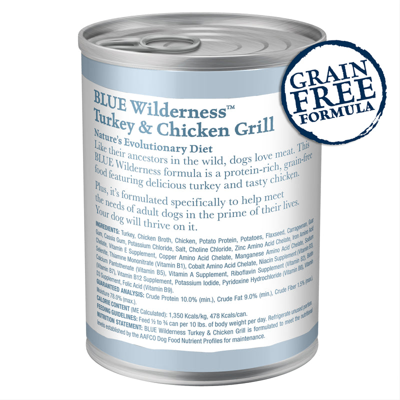 Blue Buffalo Wilderness Adult Wet Dog Food, High-Protein & Grain-Free, Made with Natural Ingredients, Turkey & Chicken Grill, 12.5-oz. Can