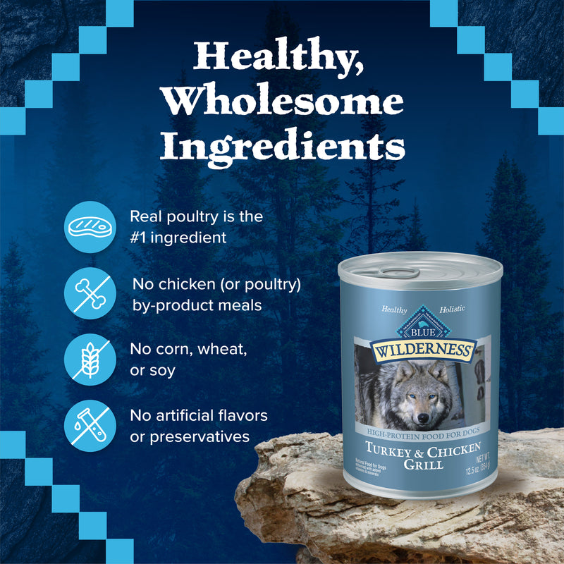 Blue Buffalo Wilderness Adult Wet Dog Food, High-Protein & Grain-Free, Made with Natural Ingredients, Turkey & Chicken Grill, 12.5-oz. Can