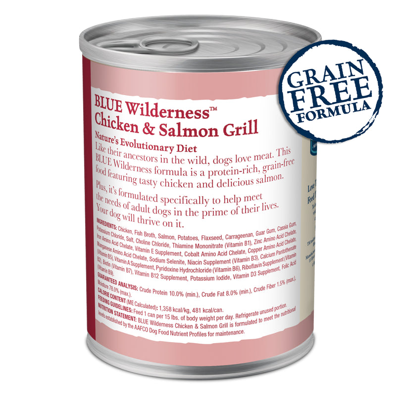 Blue Buffalo Wilderness Adult Wet Dog Food, High-Protein & Grain-Free, Made with Natural Ingredients, Salmon & Chicken Grill, 12.5-oz. Can