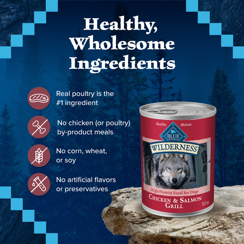Blue Buffalo Wilderness Adult Wet Dog Food, High-Protein & Grain-Free, Made with Natural Ingredients, Salmon & Chicken Grill, 12.5-oz. Can