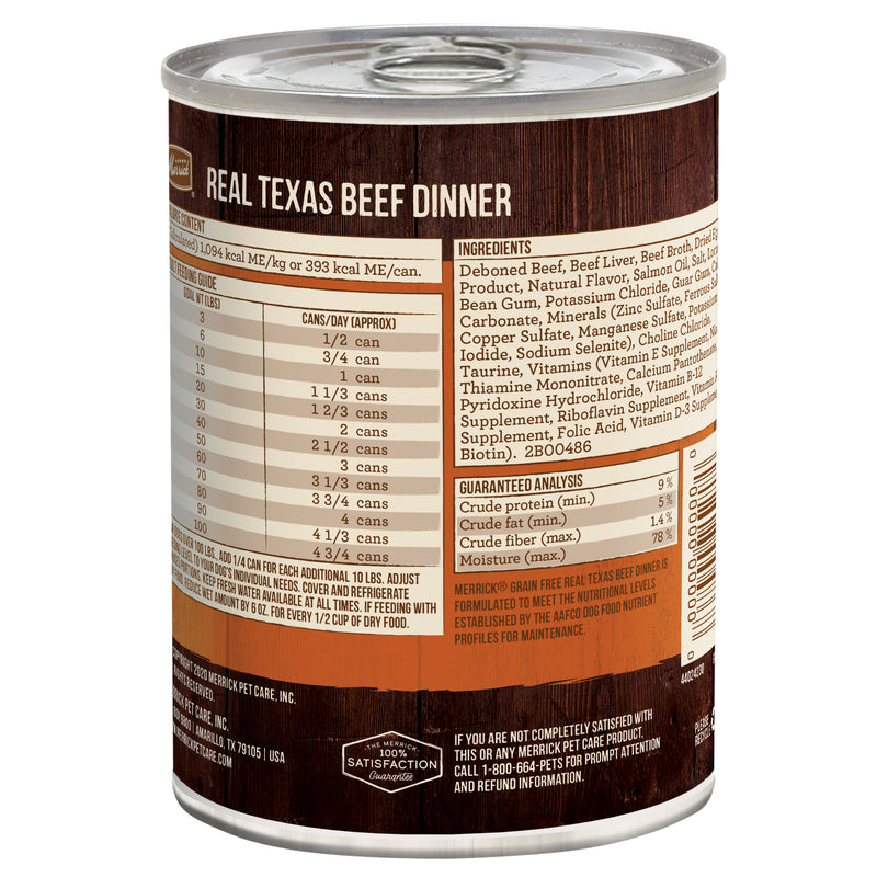 Merrick Grain Free Premium And Natural Canned Dog Food, Soft And Healthy Wet Recipe, Real Texas Beef Dinner