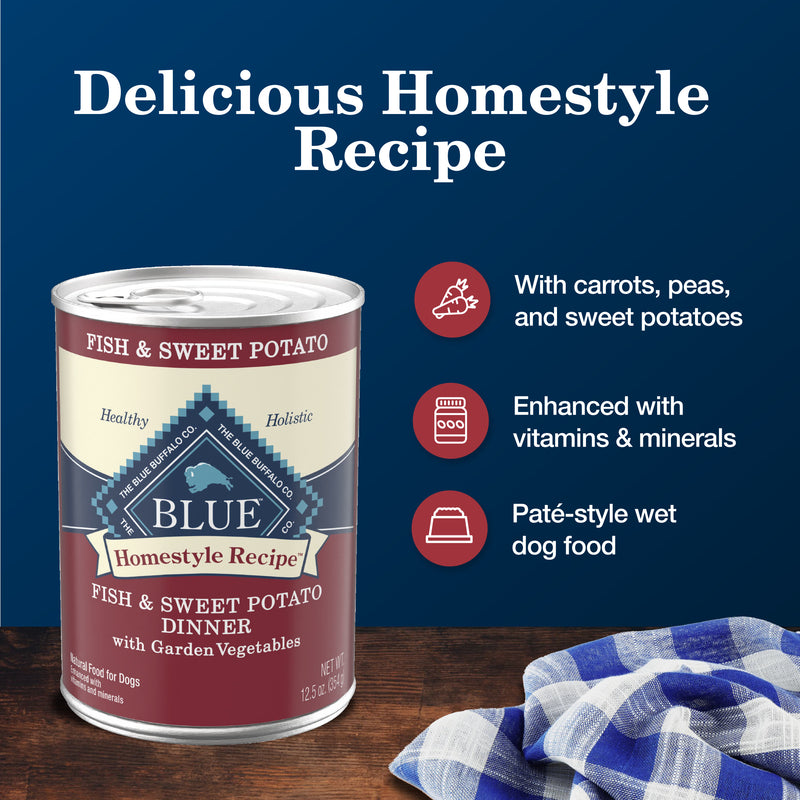 Blue Buffalo Homestyle Recipe Adult Wet Dog Food, Made with Natural Ingredients, Fish and Sweet Potato Dinner, 12.5-oz. Can