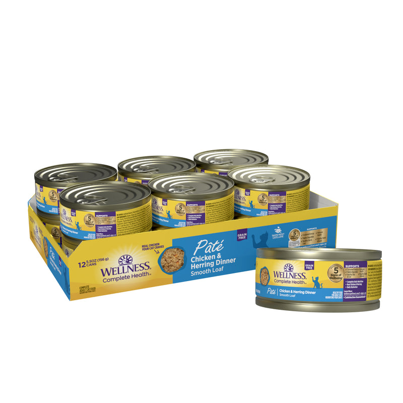 Wellness Complete Health Pate Adult Wet Cat Food, Protein-Rich, Grain Free, 5.5 Ounce (Chicken & Herring)