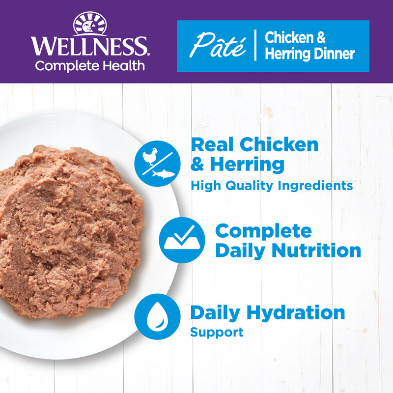 Wellness Complete Health Pate Adult Wet Cat Food, Protein-Rich, Grain Free, 5.5 Ounce (Chicken & Herring)