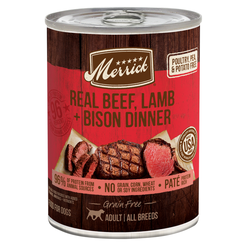 Merrick Grain Free Premium And Natural Canned Dog Food, Soft And Healthy Wet Recipe, Real Beef Lamb And Bison