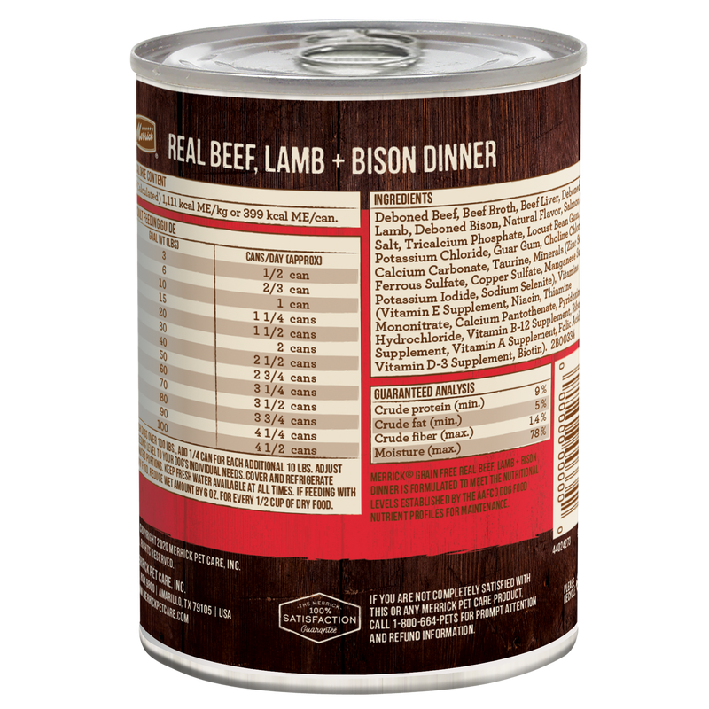 Merrick Grain Free Premium And Natural Canned Dog Food, Soft And Healthy Wet Recipe, Real Beef Lamb And Bison