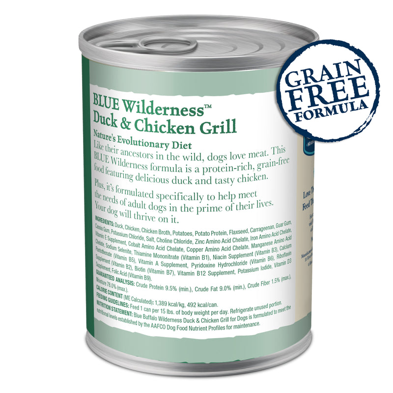 Blue Buffalo Wilderness Adult Wet Dog Food, High-Protein & Grain-Free, Made with Natural Ingredients, Duck & Chicken Grill, 12.5-oz. Can
