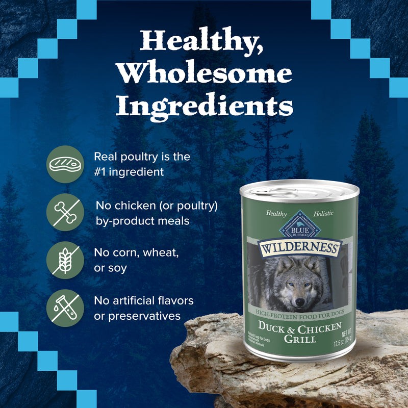 Blue Buffalo Wilderness Adult Wet Dog Food, High-Protein & Grain-Free, Made with Natural Ingredients, Duck & Chicken Grill, 12.5-oz. Can
