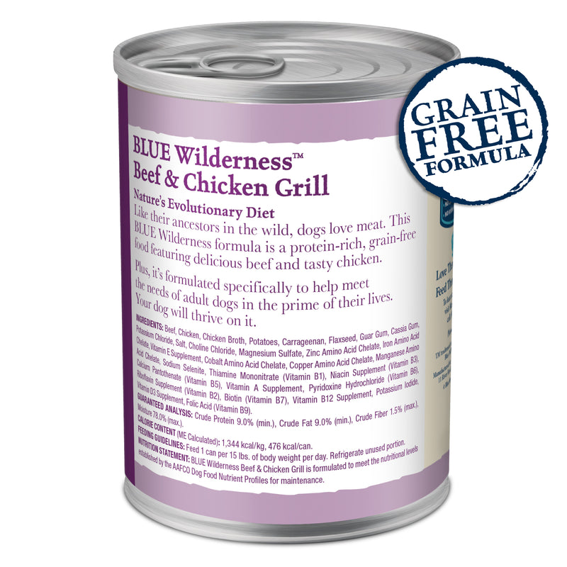 Blue Buffalo Wilderness Adult Wet Dog Food, High-Protein & Grain-Free, Made with Natural Ingredients, Beef & Chicken Grill, 12.5-oz. Can