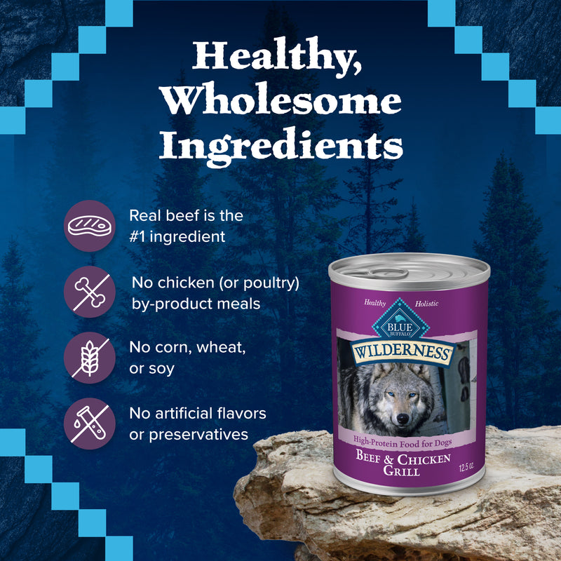 Blue Buffalo Wilderness Adult Wet Dog Food, High-Protein & Grain-Free, Made with Natural Ingredients, Beef & Chicken Grill, 12.5-oz. Can