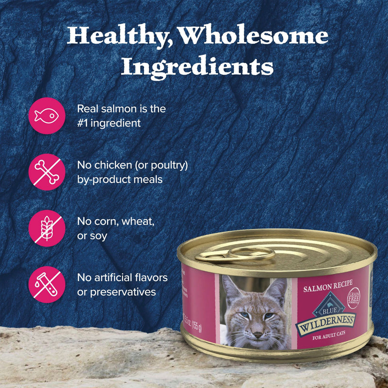 Blue Buffalo Wilderness Natural High-Protein Grain-Free Wet Food for Adult Cats, Salmon Paté, 5.5-oz. Can