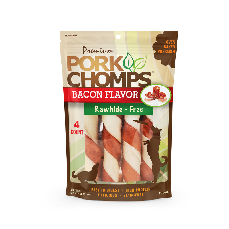 Pork Chomps 6-inch Baked Pork Skin Twists with Bacon Flavor wrap, 4 count Dog Chews