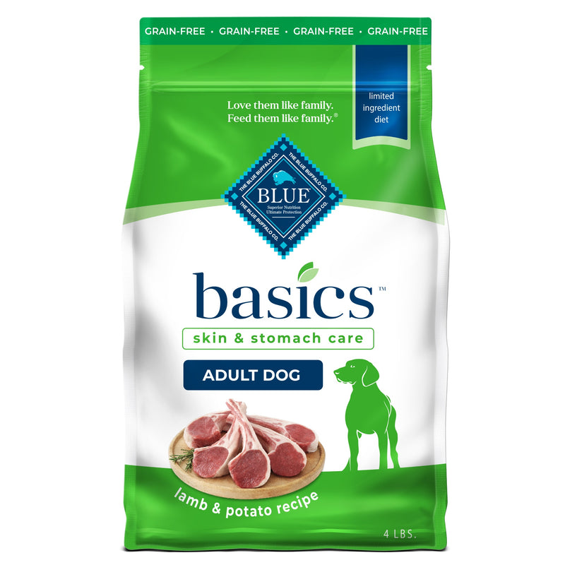 Blue Buffalo Basics Adult Grain-Free Dry Dog Food for Skin & Stomach Care, Limited Ingredient Diet, Made in the USA with Natural Ingredients, Lamb & Potato Recipe, 4-lb Bag