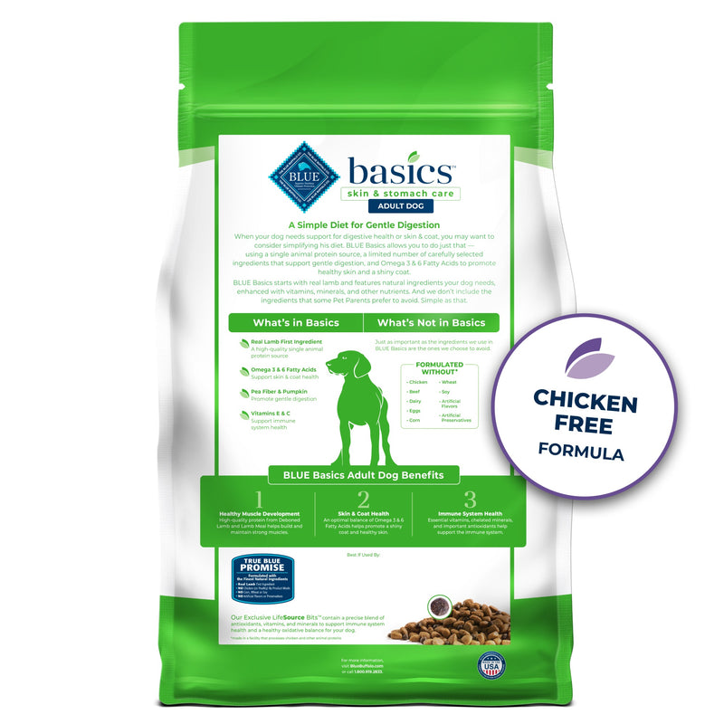 Blue Buffalo Basics Adult Grain-Free Dry Dog Food for Skin & Stomach Care, Limited Ingredient Diet, Made in the USA with Natural Ingredients, Lamb & Potato Recipe, 4-lb Bag