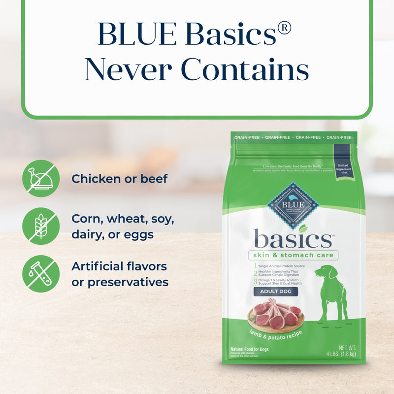 Blue Buffalo Basics Adult Grain-Free Dry Dog Food for Skin & Stomach Care, Limited Ingredient Diet, Made in the USA with Natural Ingredients, Lamb & Potato Recipe, 4-lb Bag