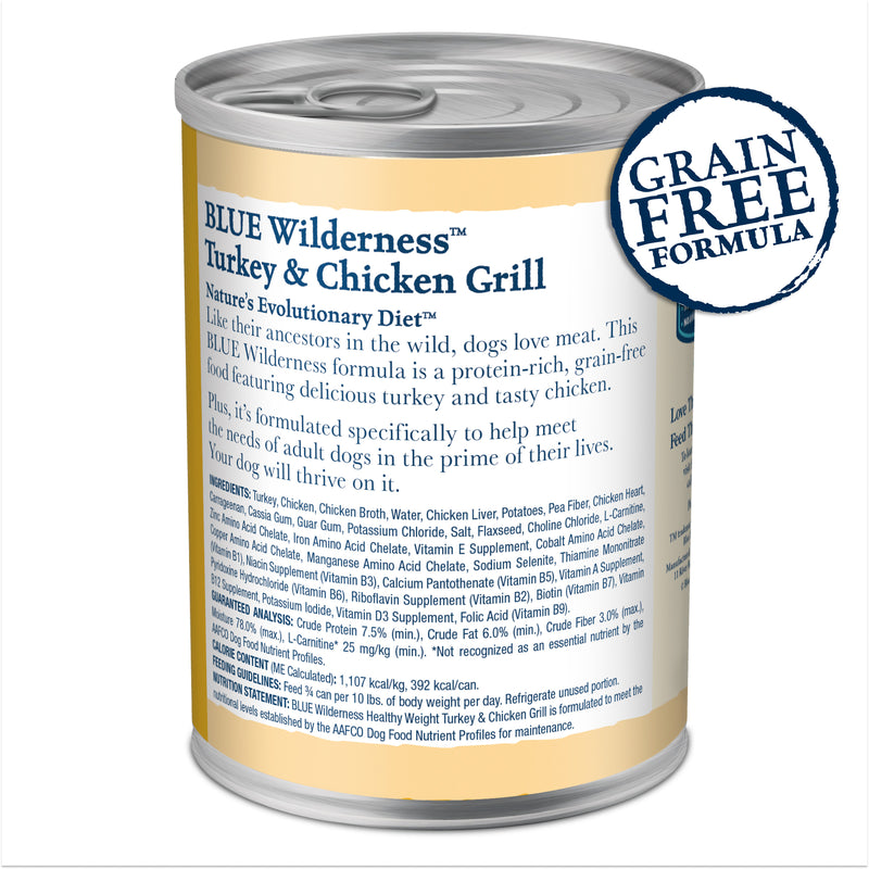 Blue Buffalo Wilderness Adult Wet Dog Food, Healthy Weight, High-Protein and Grain-Free, Turkey & Chicken Recipe, 12.5-oz. Can