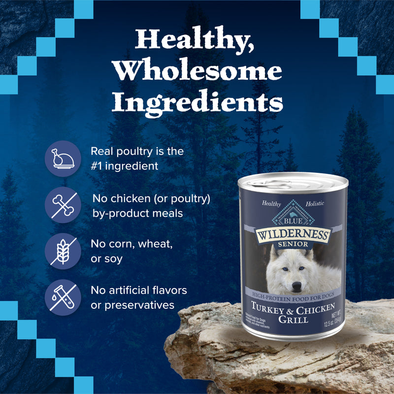 Blue Buffalo Wilderness High Protein, Natural Senior Wet Dog Food, Turkey & Chicken Grill 12.5-oz Can