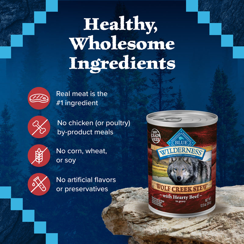 Blue Buffalo Wilderness Wolf Creek Stew Wet Dog Food, High-Protein & Grain-Free, Made with Natural Ingredients, Hearty Beef in Gravy, 12.5-oz. Can