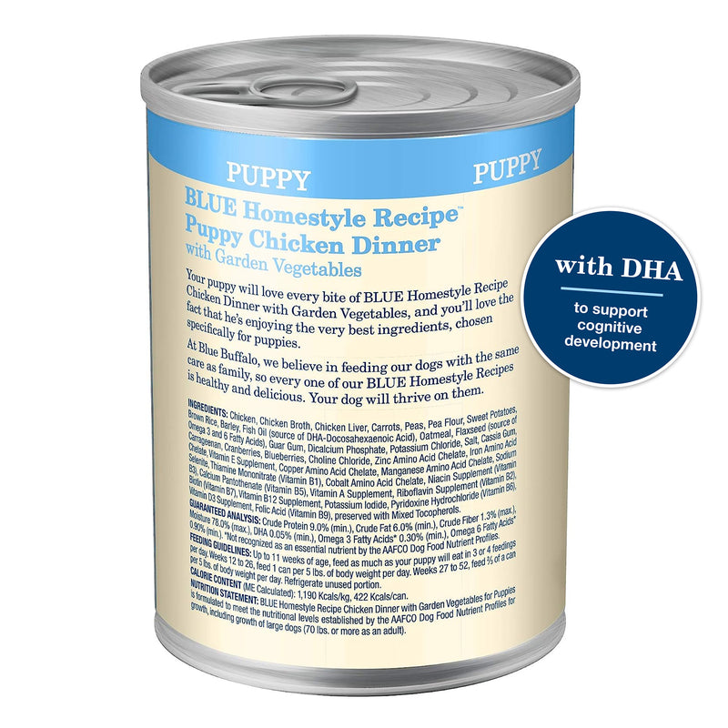 Blue Buffalo Homestyle Recipe Puppy Wet Dog Food, Made with Natural Ingredients, Chicken Dinner with Garden Vegetables & Brown Rice, 12.5-oz. Can