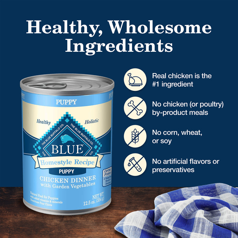 Blue Buffalo Homestyle Recipe Puppy Wet Dog Food, Made with Natural Ingredients, Chicken Dinner with Garden Vegetables & Brown Rice, 12.5-oz. Can