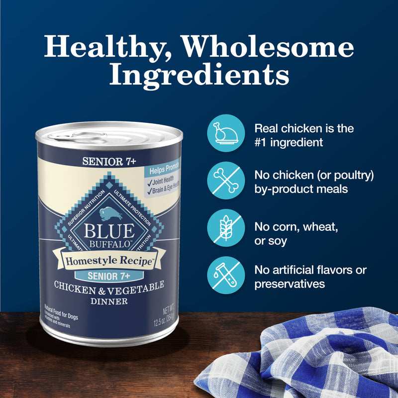 Blue Buffalo Homestyle Recipe Senior Wet Dog Food, Made with Natural Ingredients, Chicken Dinner with Garden Vegetables, 12.5-oz. Can