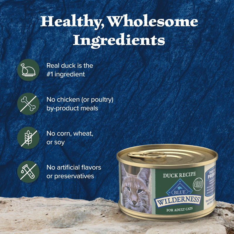 Blue Buffalo Wilderness Natural High-Protein Grain-Free Wet Food for Adult Cats, Duck Paté, 3-oz. Can