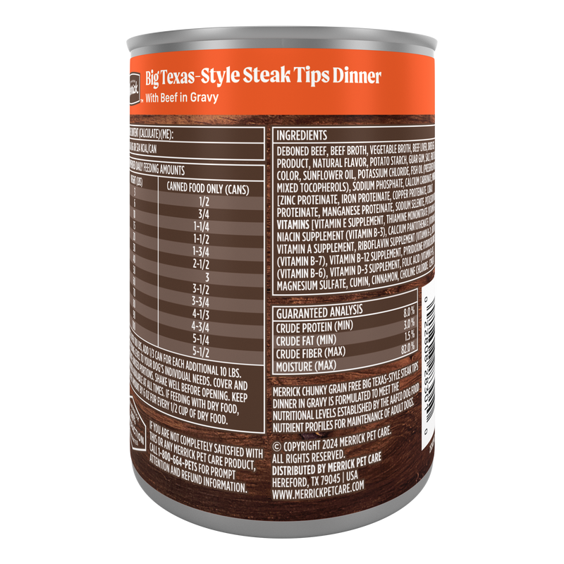 Merrick Chunky Grain Free Premium And Wholesome Canned Dog Food, Real Meat Big Texas Steak Tips Dinner
