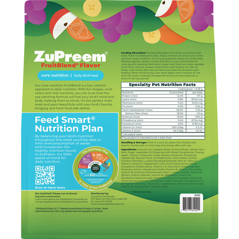 Zupreem FruitBlend Flavor with Natural Fruit Flavors Small Bird Food 2lb- Parakeets, Budgies, Parrotlets