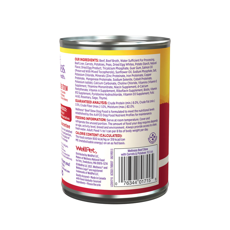 Wellness Thick & Chunky Natural Grain Free Canned Dog Food, Beef Stew, 12.5-Ounce Can