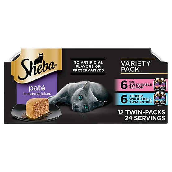 Sheba Perfect Portions All Life Stages Salmon/White Fish Pate Wet Cat Food Variety Pack, 2.6 oz., Pack of 24 Twin-Pack Trays