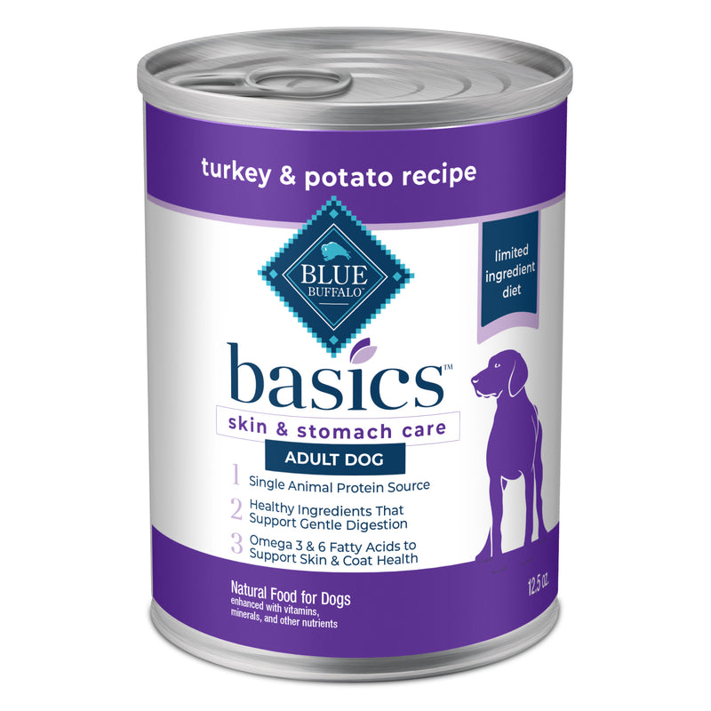 Blue Buffalo Basics Grain-Free Adult Wet Dog Food, Skin & Stomach Care, Limited Ingredient Diet, Turkey Recipe, 12.5-oz. Can