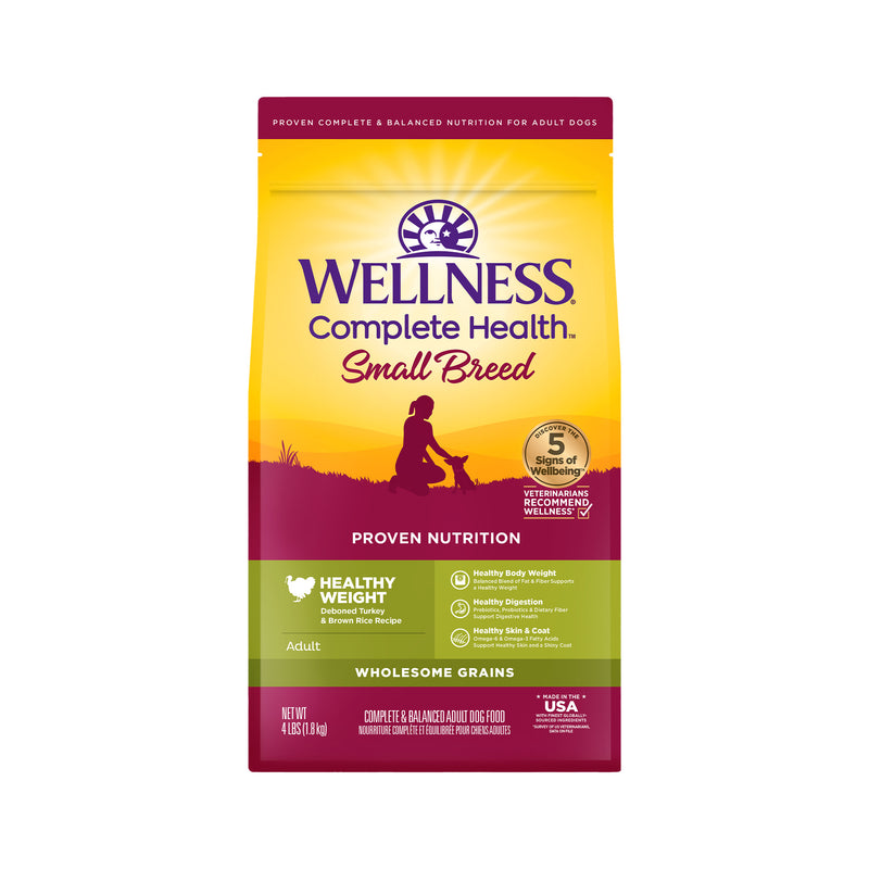 Wellness Complete Health Dry Dog Food, Small Breed, Wholesome Grains, Natural, Healthy Weight Turkey & Brown Rice Recipe, (4-Pound Bag)