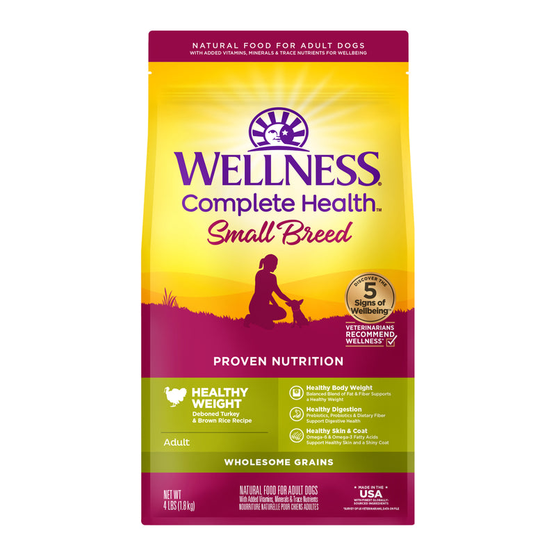 Wellness Complete Health Dry Dog Food, Small Breed, Wholesome Grains, Natural, Healthy Weight Turkey & Brown Rice Recipe, (4-Pound Bag)