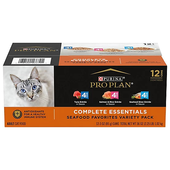 Purina Pro Plan Complete Essentials Adult Seafood Favorites in Sauce Wet Cat Food Variety Pack, 3 oz. Can, Pack of 12