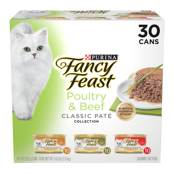 Fancy Feast Poultry and Beef Feast Classic Pate Collection Grain Free Wet Cat Food Variety Pack - (30) 3 oz. Cans