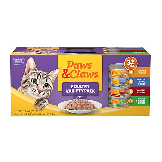 Paws & Claws Adult Minced Poultry Pate Wet Cat Food Variety Pack, 5.5 oz., Pack of 32 Cans