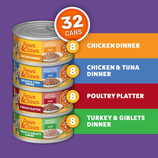 Paws & Claws Adult Minced Poultry Pate Wet Cat Food Variety Pack, 5.5 oz., Pack of 32 Cans