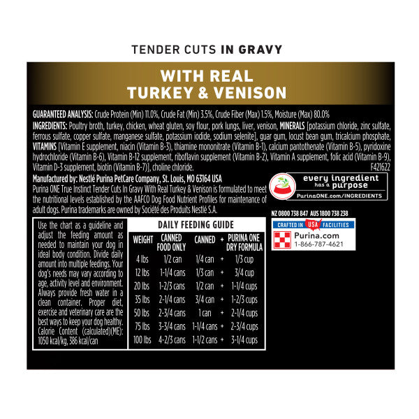 Purina ONE High Protein Wet Dog Food True Instinct Tender Cuts in Dog Food Gravy With Real Turkey and Venison