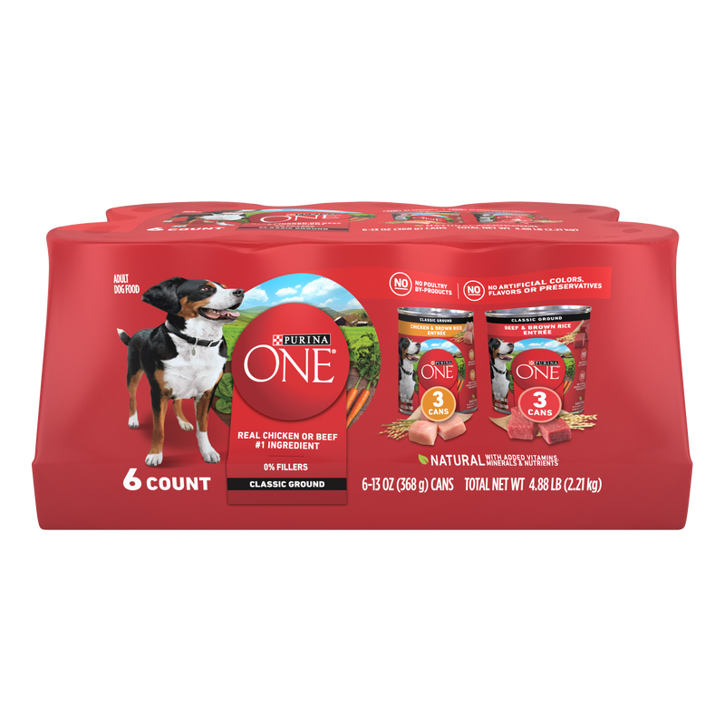 Purina ONE Classic Ground Chicken and Brown Rice, and Beef and Brown Rice Entrees Wet Dog Food Variety Pack