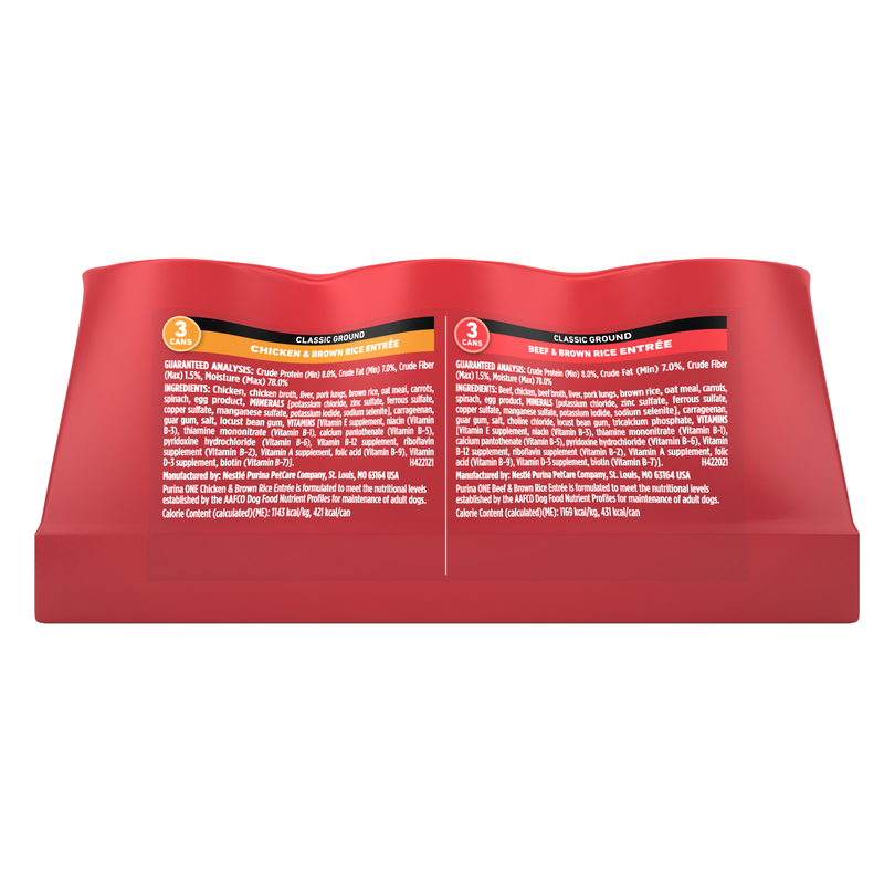 Purina ONE Classic Ground Chicken and Brown Rice, and Beef and Brown Rice Entrees Wet Dog Food Variety Pack