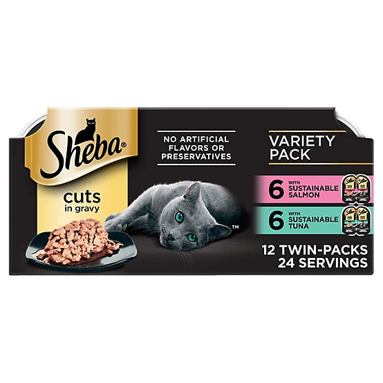 Sheba Perfect Portions All Life Stages Tuna/Salmon Cuts in Gravy Wet Cat Food Pack, 2.6 oz., Pack of 12 Twin-Pack Trays
