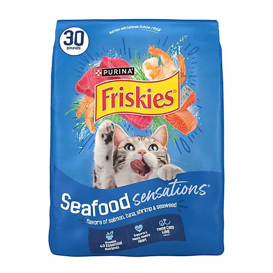Purina Friskies All Life Stages Seafood Sensations Salmon, Tuna and Shrimp Recipe Dry Cat Food, 30lb
